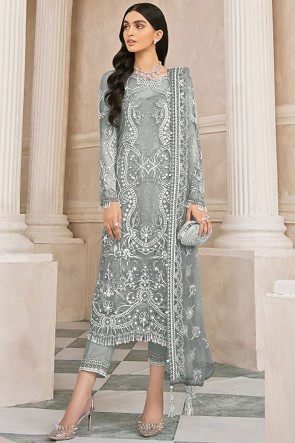 Embroidered Stone Work Net Fabric Grey Plazzo Suit With   Dupatta