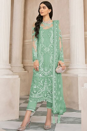 Green Embroidered Stone Work Net Fabric Plazzo Suit Whit  Dupatta