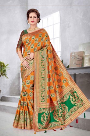 Orange Banarasi Silk Fabric Weaving With Jacqaurd Work Designer Saree With double Blouse