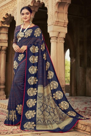Blue Chanderi Silk Fabric Stone Work Designer Saree With Blouse