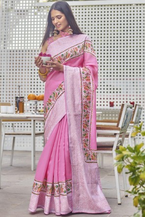 Fancy Fabric Digital Printed Designer Pink Color Saree With Blouse