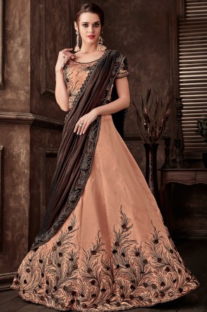 Embroidred Thread Work Peach Fancy Fabric Saree With Blouse