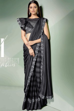 Fancy Fabric Embroidered Thread Work Designer Black Saree With Blouse