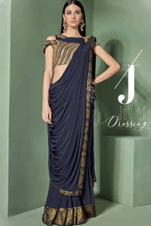 Embroidered Thread Work Navy Blue Fancy Fabric Saree With Blouse
