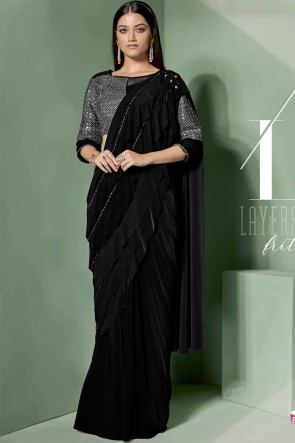 Black Fancy Fabric Embroidered Thread Work Designer Saree With Blouse