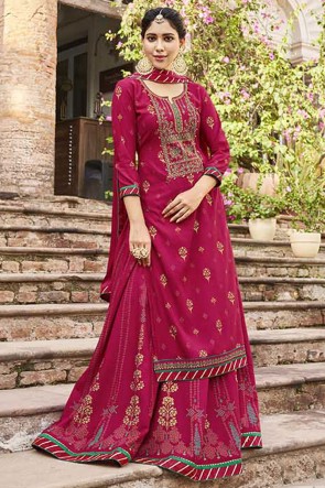 Pink Embroidered Rayon Fabric Plazzo Suit Whit Chinon Dupatta