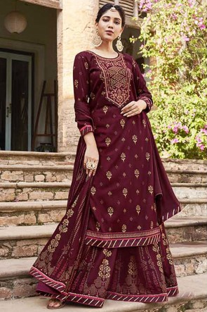 Rayon Embroidered Designer Maroon Plazzo Suit With Chinon Dupatta