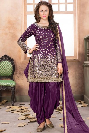 Embroidered Mirror Work Purple Net Fabric Patiala Suit With Net Dupatta