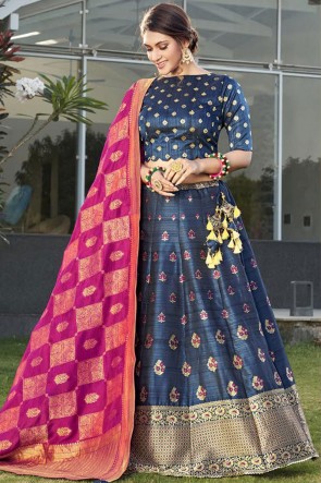 Navy Blue Silk Fabric Weaving With Stone Work Designer Lehenga Choli With Banarasi Silk Dupatta