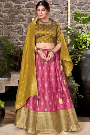 Pink Silk Fabric Designer Weaving With Stone Work Lehenga Choli With Banarasi Silk Dupatta