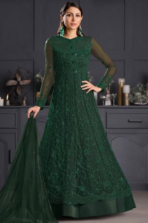Green Embroidered Thread Work Net Western Suit With Net Dupatta