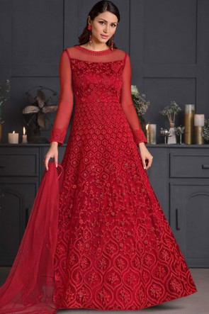 Embroidered Thread Work Net Red Western Suit With Net Dupatta