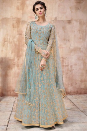Beads Work And Lace Work Sky Blue Abaya Style Anarkali Suit With Net Dupatta