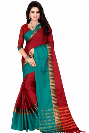 Excellent Red and Teal Pollycotton Party Wear Saree 