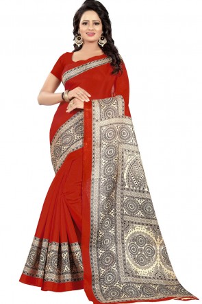 Beautiful Red Khadi Cotton Party Wear Printed Saree 