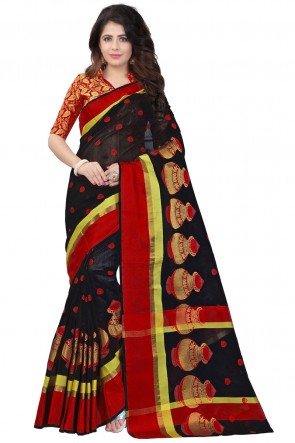 Gorgeous Black and Red Pollycotton Printed Saree 