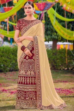 Stunning Cream And Maroon Silk And Satin Fabric Weaving Work And Embroidered Saree And Blouse