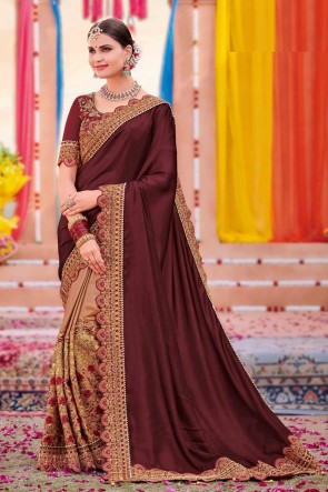 Silk And Satin Fabric Brown And Chikoo Weaving Work And Embroidered Designer Saree And Blouse