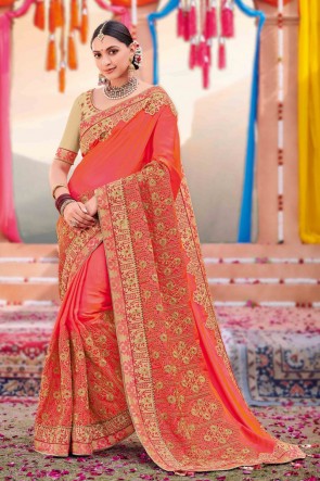 Peach Silk And Satin Fabric Weaving Work And Embroidered Designer Saree And Blouse