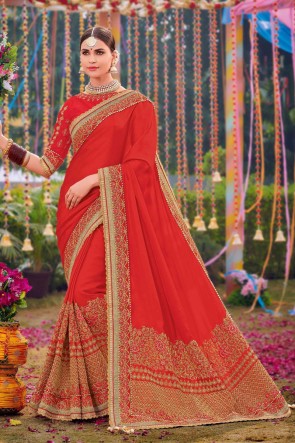 Silk And Satin Fabric Red Weaving Work And Embroidered Designer Saree And Blouse