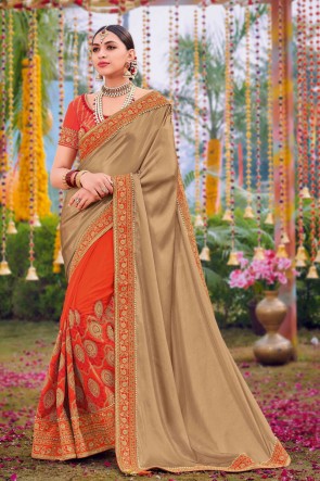 Silk And Satin Fabric Weaving Work And Embroidered Designer Orange And Chikoo Lovely Saree And Blouse