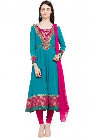 Admirable Teal Faux Georgette Plus Size Readymade Salwar Suit With Chiffon Dupatta