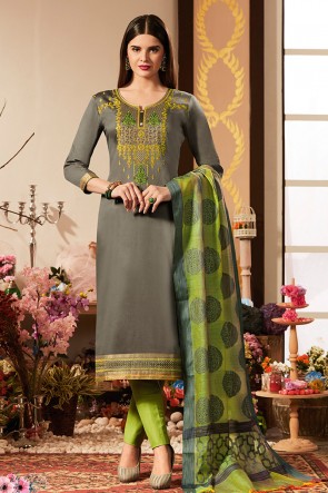 Lovely Grey Embroidered Cotton Silk Casual Salwar Suit With Banarasi Silk Dupatta
