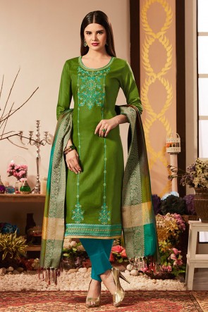 Ultimate Green Cotton Silk Embroidered Casual Salwar Suit With Banarasi Silk Dupatta