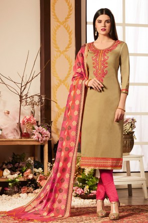Gorgeous Beige Cotton Silk Embroidered Casual Salwar Suit With Banarasi Silk Dupatta