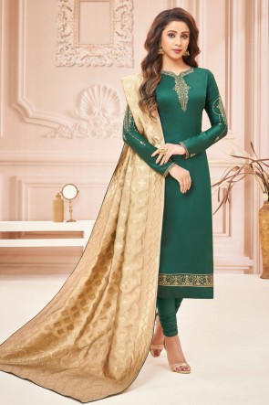 Mehendi Green Silk And Cotton Embroidered And Stone Work Casual Salwar Suit With Jacquard Dupatta
