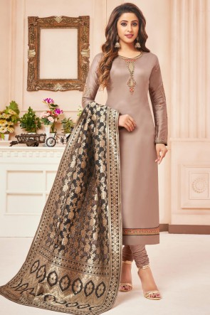 Lovely Embroidered And Stone Work Beige Silk And Cotton Casual Salwar Kameez With Jacquard Dupatta