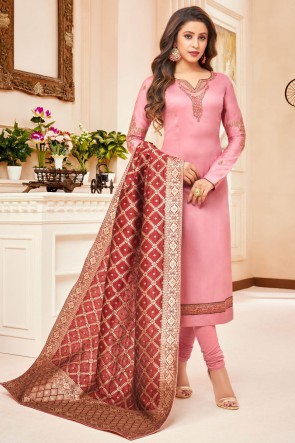 Pink Embroidered And Stone Work Silk And Cotton Casual Salwar Kameez With Jacquard Dupatta