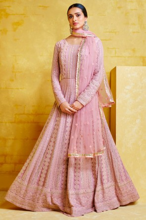 Abaya Style Georgette Light Pink Embroidery Work Anarkali Suit With Net Dupatta