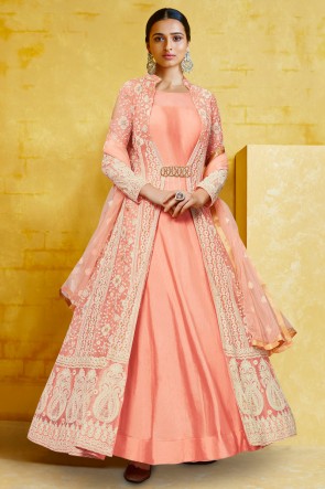 Georgette Fabric Embroidery Work Peach Abaya Style Anarkali Suit And Santoon Bottom