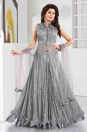 Grey Imported Hand Work Abaya Style Anarkali Suit With Net Dupatta