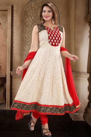 Cotton Designer Cream Hand Work Anarkali Suit With Chiffon Dupatta