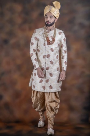 Classic White Jacquard Fabric Sherwani