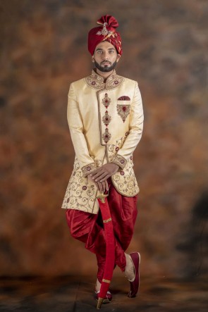 Stylish Cream Jacquard Fabric Wear Sherwani