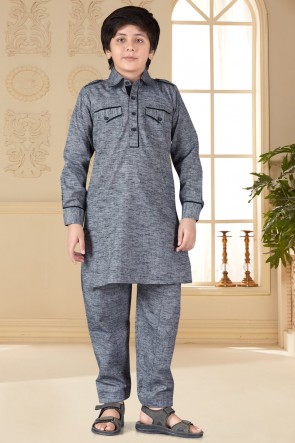 Cotton And Silk Fabric Grey Kurta Payjama With Art Silk Bottom