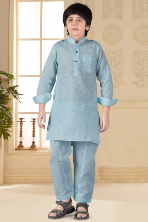 Cotton And Silk Fabric Sky Blue Stylish Kurta Payjama With Art Silk Bottom