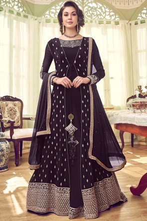 Heavy Designer Embroidered Wine Abaya Style Anarkali Suit With Georgette Dupatta