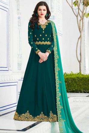 Party Wear Sea Green Embroidered Georgette Salwar Kameez And Dupatta