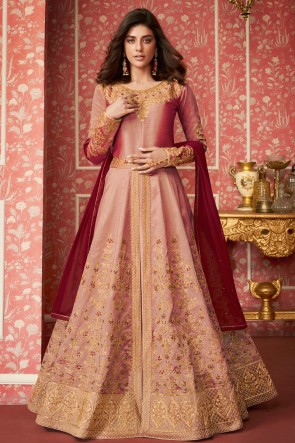 Desirable Peach Embroidered Silk Anarkali Suit With Nazmin Dupatta