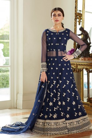 Lovely Navy Blue Embroidered Net Anarkali Suit With Net Dupatta