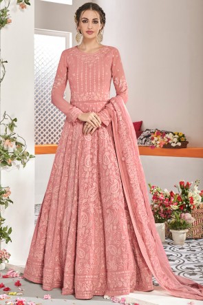 Beautiful Embroidery Work Peach Net Fabric Abaya Style Anarkali Suit And Dupatta