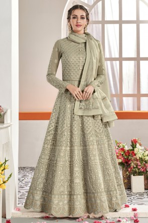 Grey Net Fabric Embroidered Designer Abaya Style Anarkali Suit And Dupatta