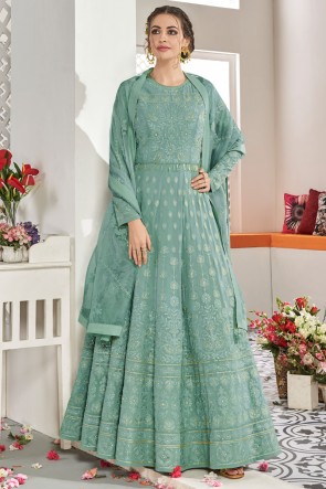 Embroidered Sea Green Net Fabric Abaya Style Anarkali Suit And Dupatta