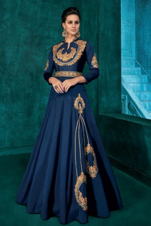 Admirable Navy Blue Silk Fabric Embroidered Designer Gown