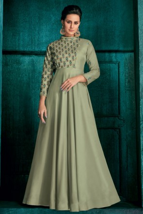 Ultimate Embroidered Pista Silk Fabric Gown