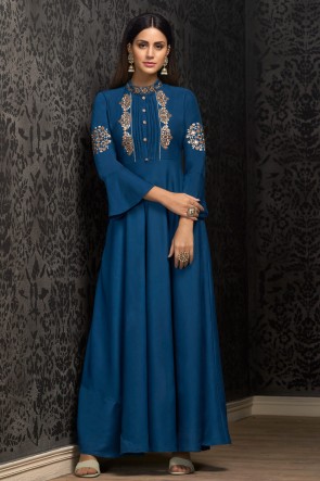 Navy Blue Embroidered Muslin Excellent Gown